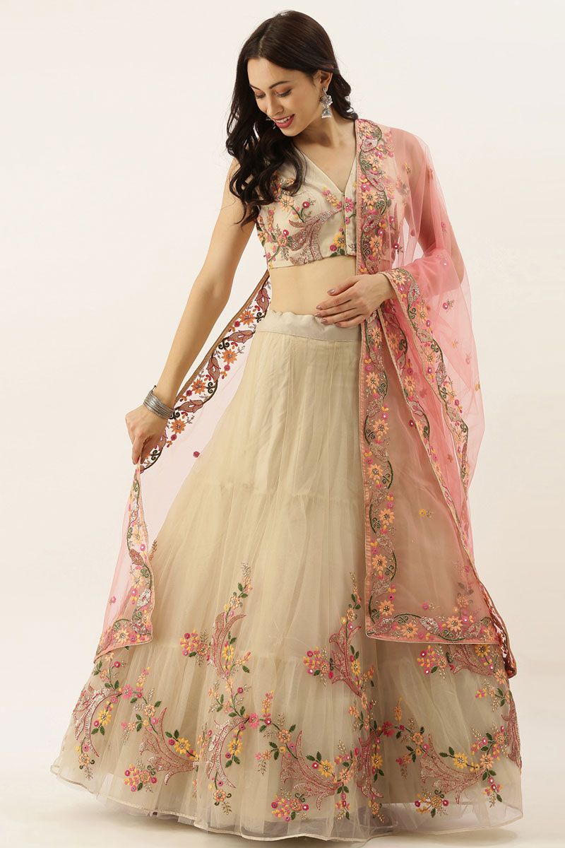 Embroidered Cream Color Net Lehenga For Festive Functions