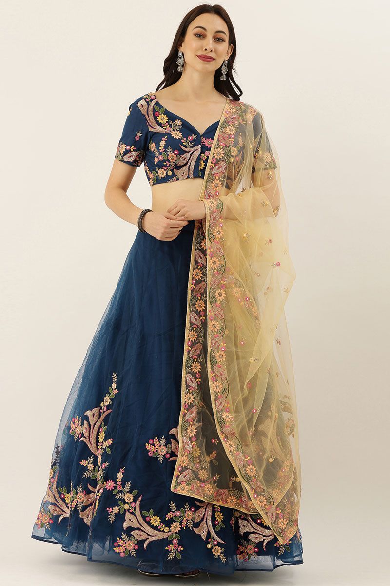 Function Wear Navy Blue Color Exquisite Net Lehenga with Beautiful Embroidered Work