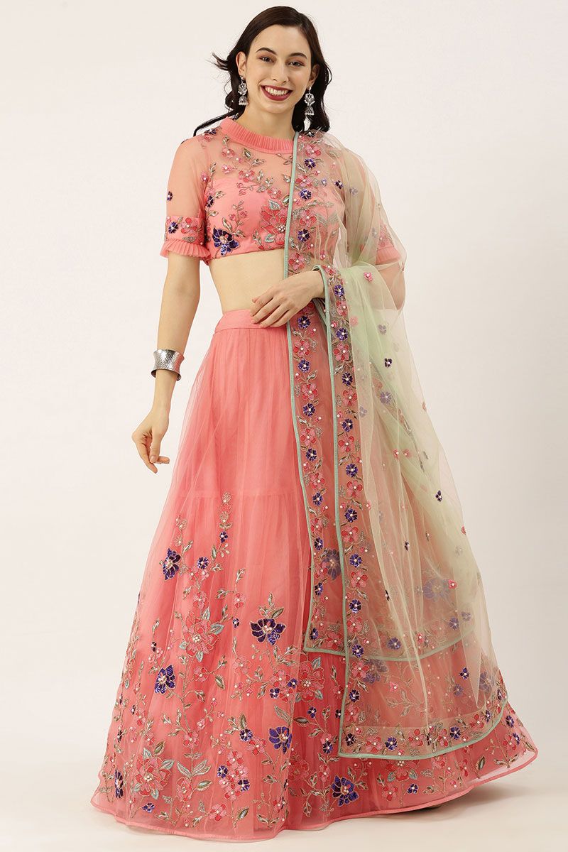 Net Fabric Peach Color Gorgeous Lehenga Choli