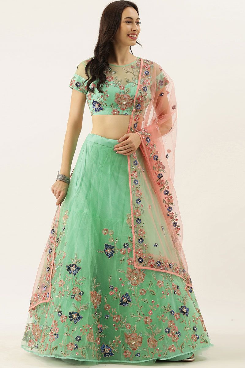 Net Fabric Sea Green Color Lehenga Choli 