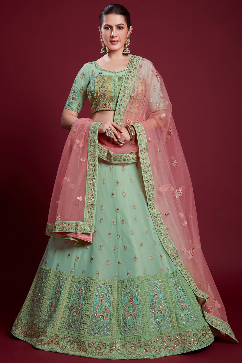 Elegant Sea Green Georgette Lehenga with Thread Work and Zarkan Work