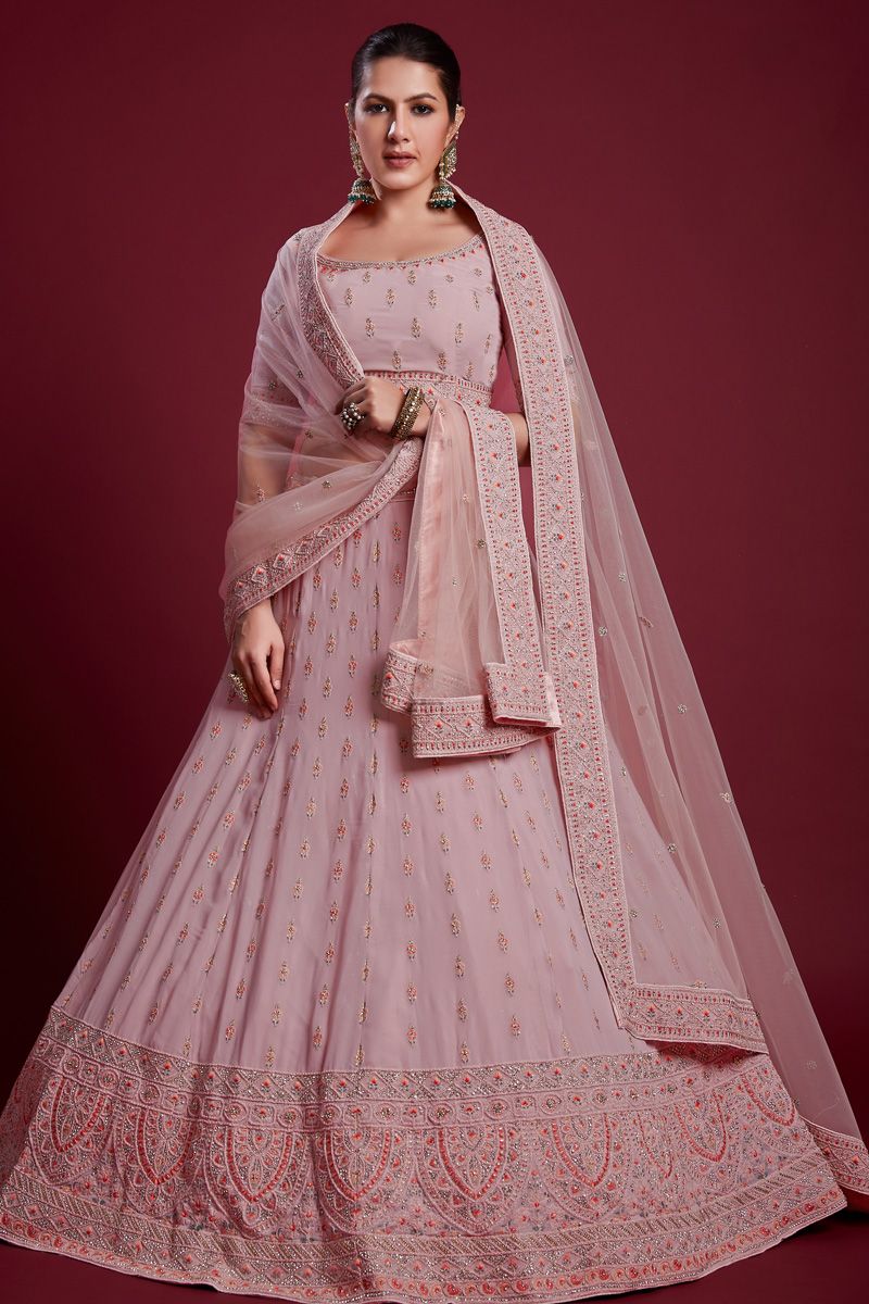 Vibrant Peach Color Georgette Lehenga with Embroidered and Zarkan Work