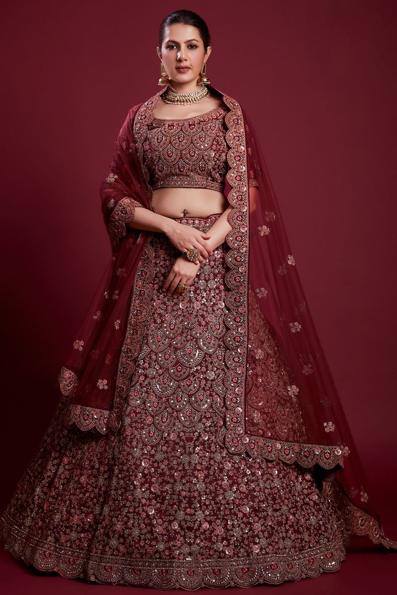 Stunning Burgundy Color Georgette Lehenga with Thread Work and Zarkan Work