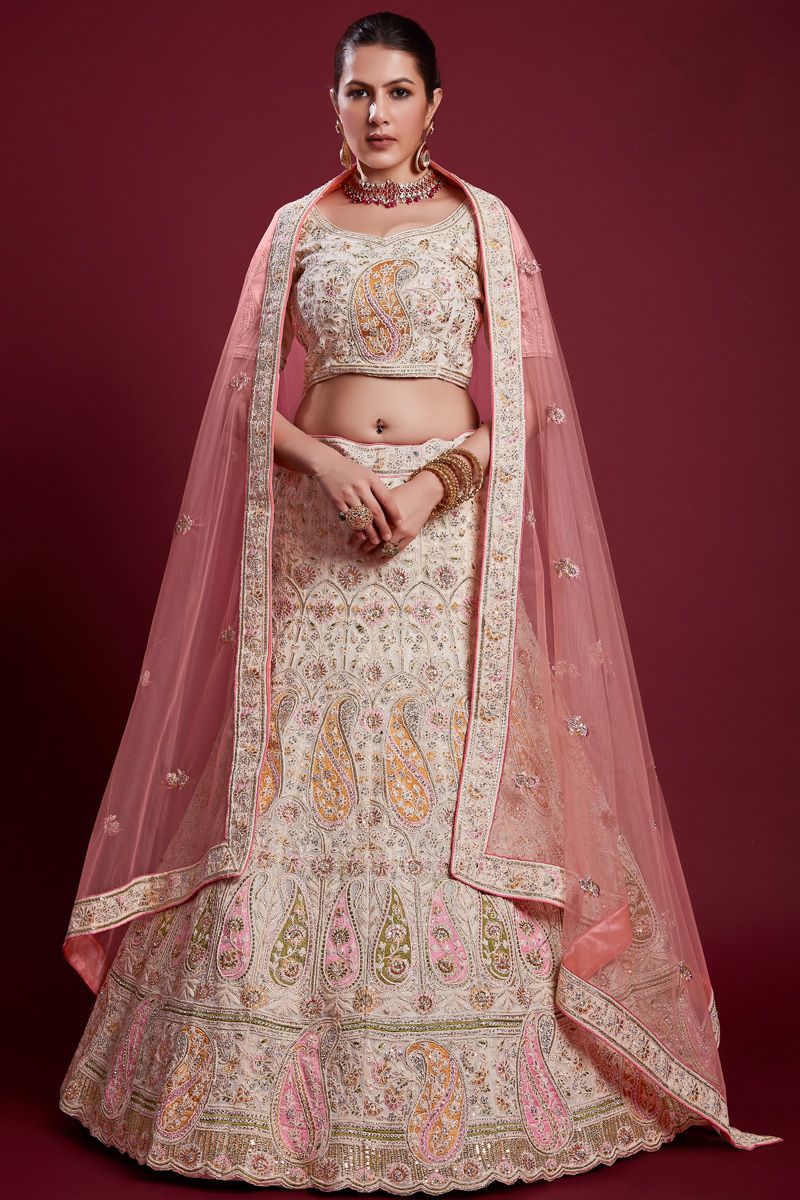 Radiant Off White Georgette Lehenga with Embroidered and Thread Work