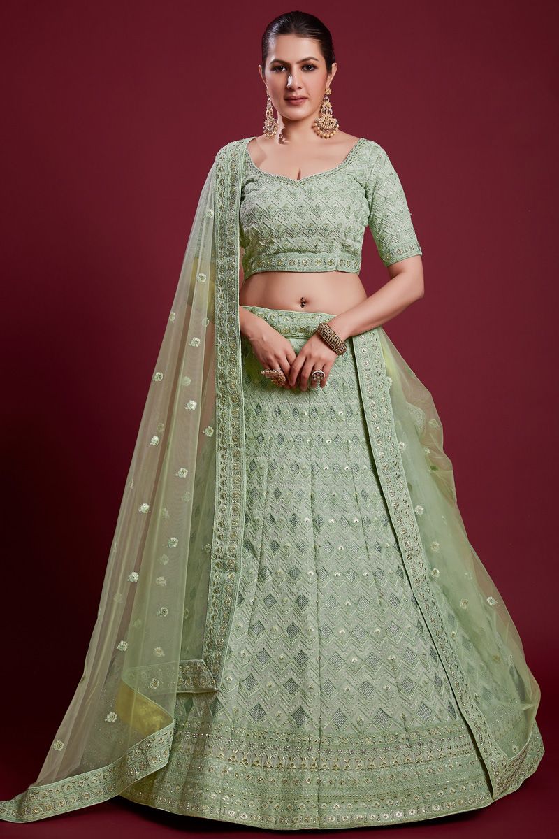 Glamorous Sea Green Georgette Lehenga with Zarkan Work and Thread Work