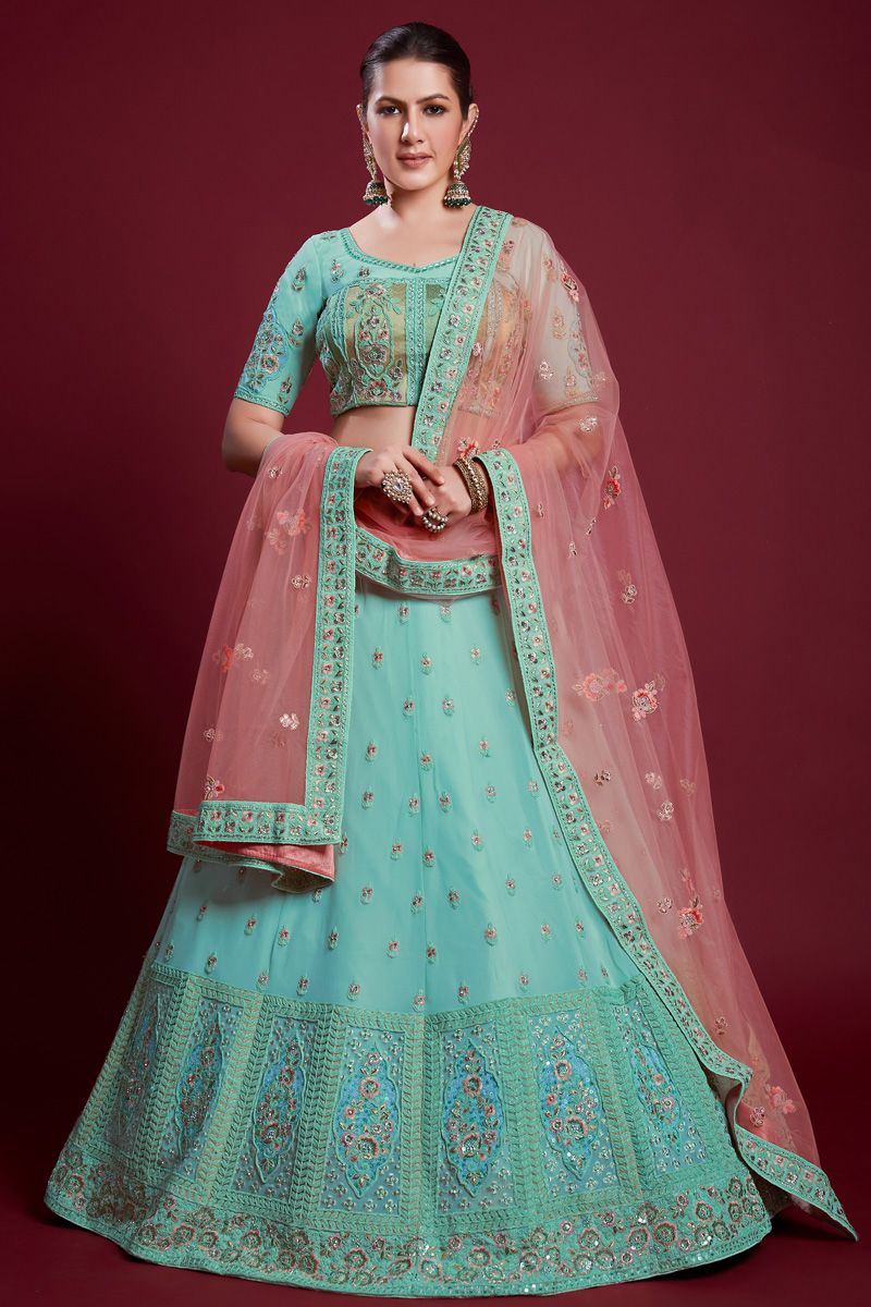 Stunning Cyan Color Georgette Lehenga with Zarkan Embellishments for Wedding