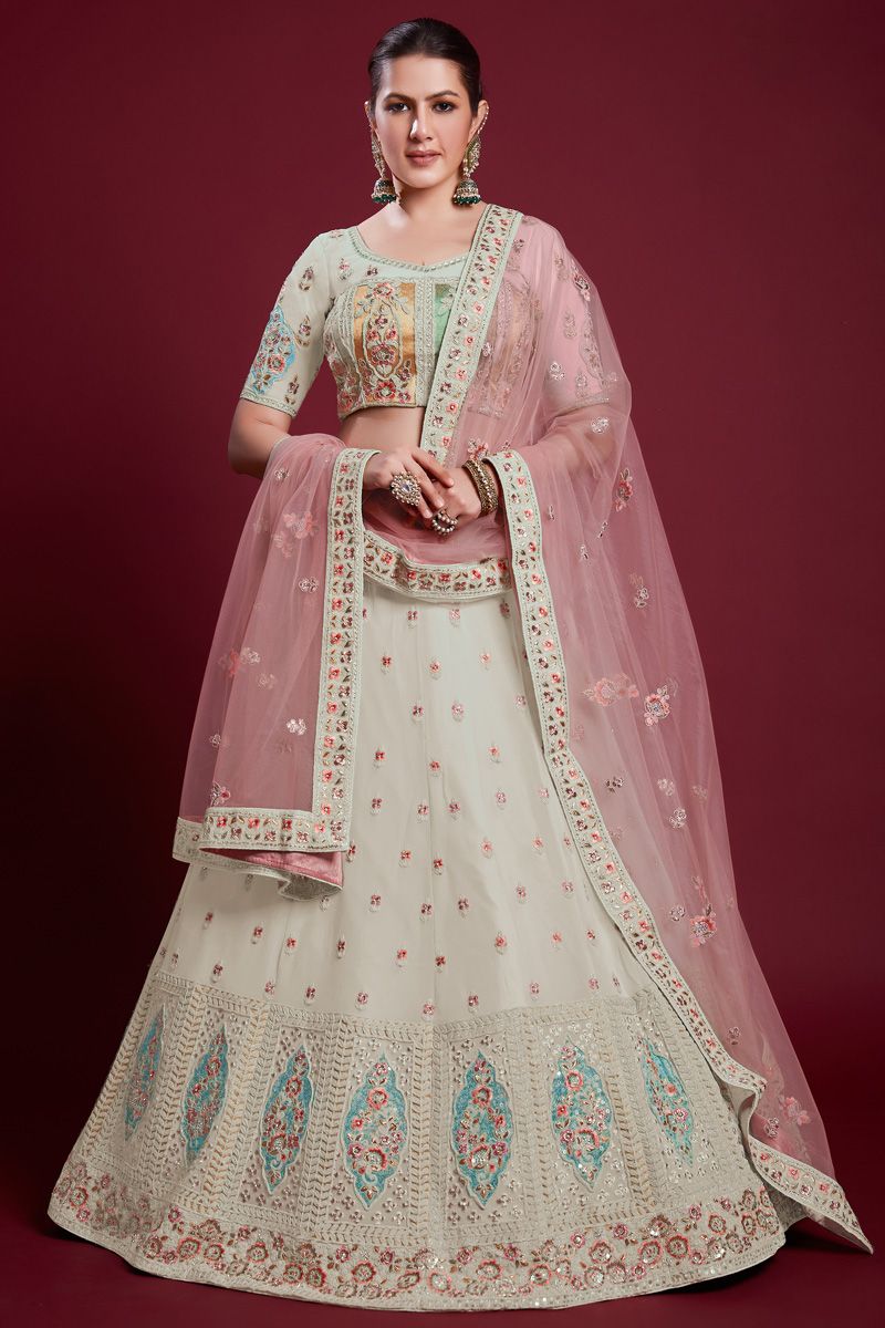 Luxurious Off White Georgette Lehenga with Fine Embroiderred for Special Occasions