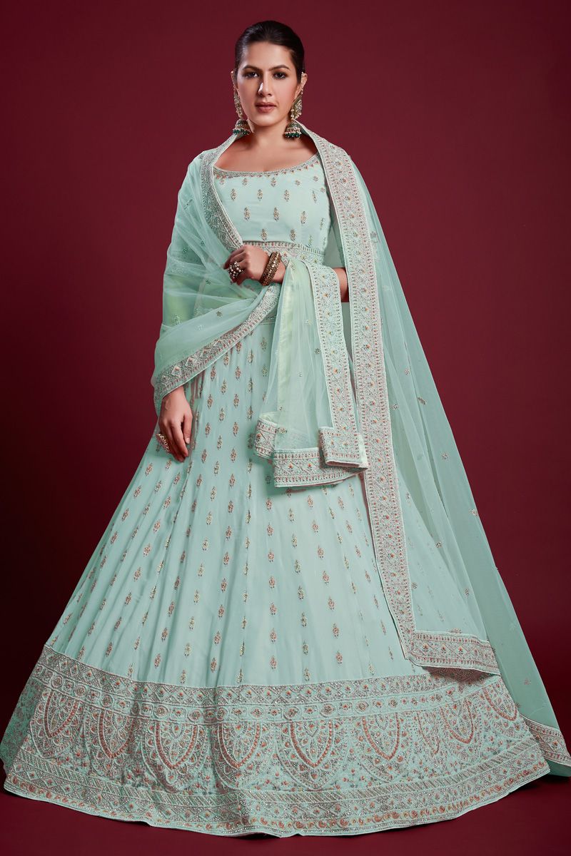 Glamorous Light Cyan Color Georgette Embroidered Lehenga Fo Wedding Functions