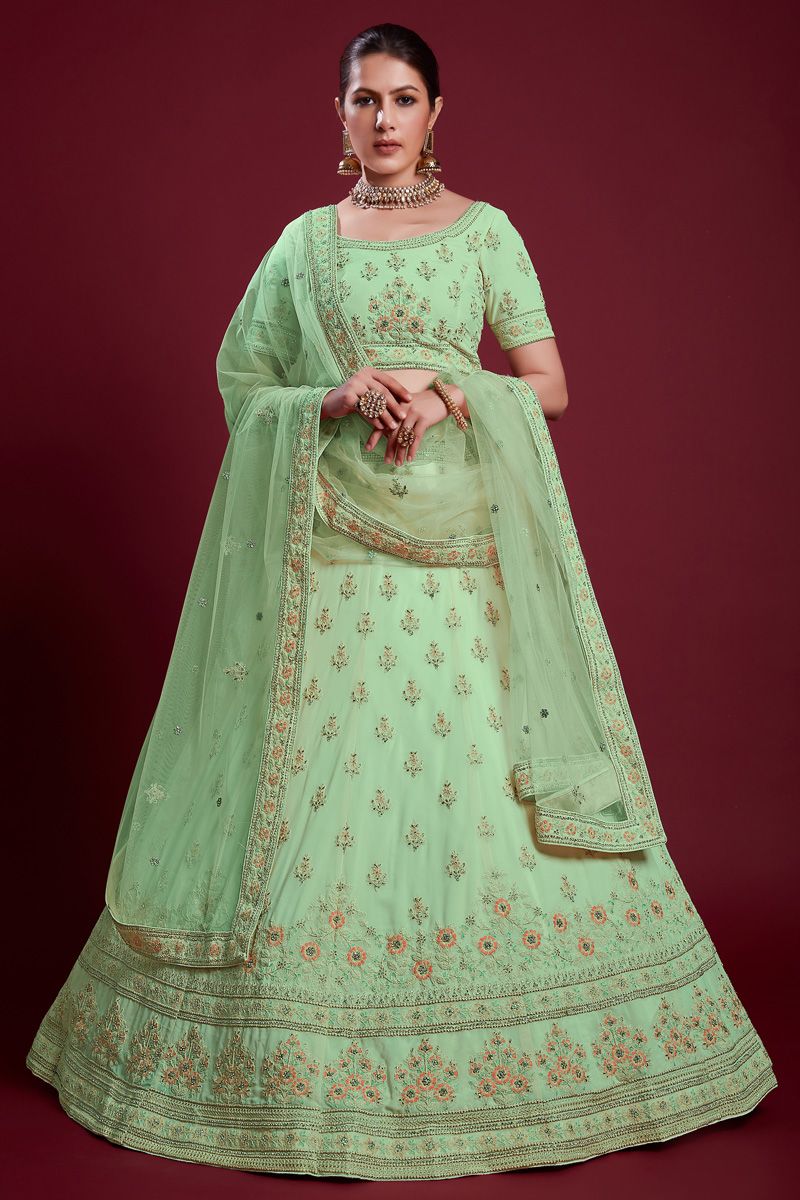 Radiant Sea Green Georgette Lehenga with Sparkling Zarkan Embellishments for Special Occasions