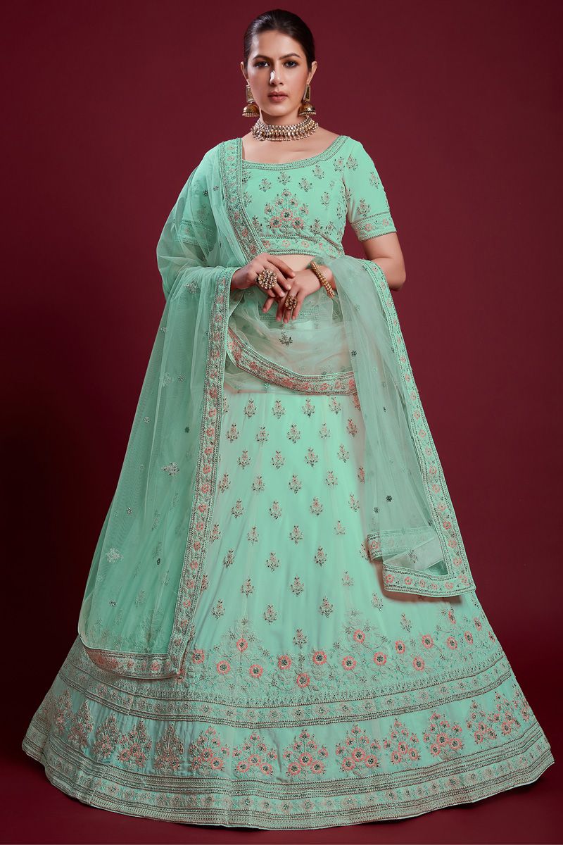 Elegant Georgette Cyan Color Lehenga with Embroidered And Thread Work