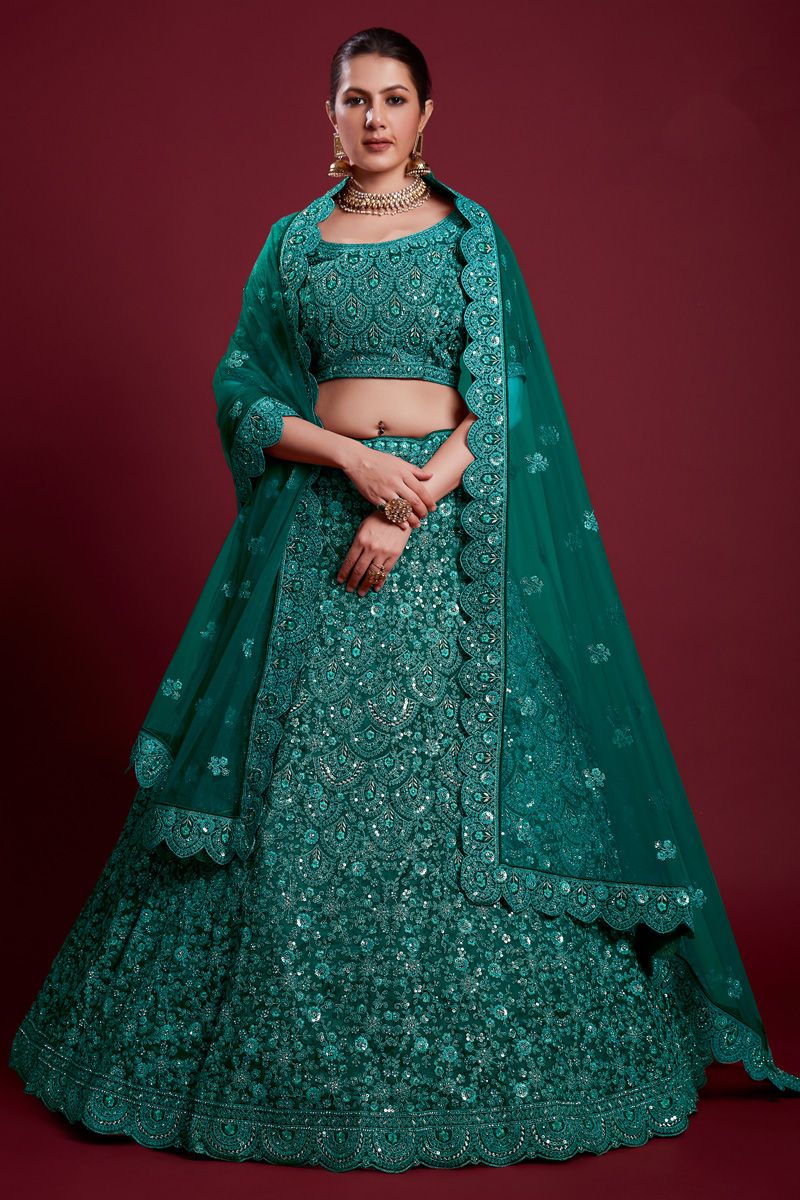 Wedding Georgette Teal Color Lehenga with Zarkan Work 