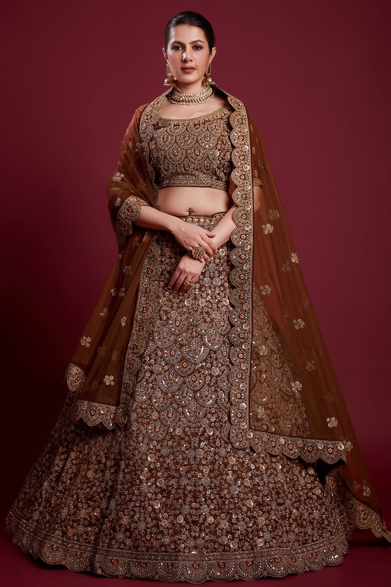 Floral Georgette Brown Lehenga with Embroidered And Thread Work