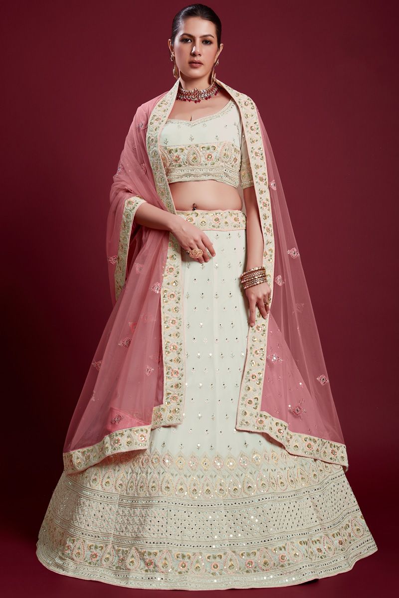 Off White Chic Georgette Wedding Lehenga with Zarkan Work