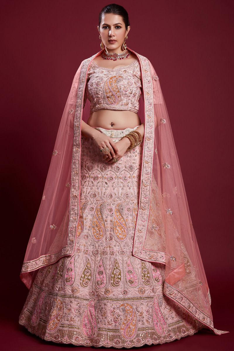 Gorgeous Georgette Pink Lehenga with Embroidered And Thread Work