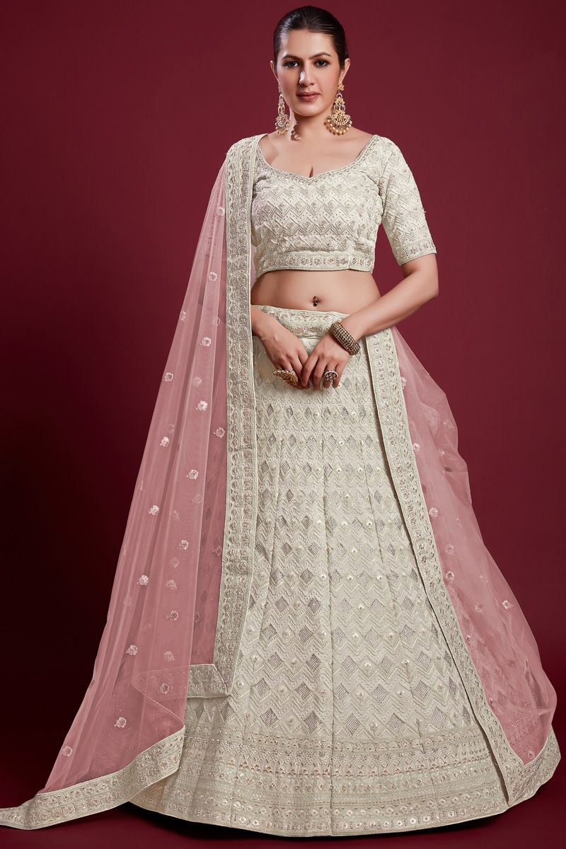 Exquisite Georgette Off White Lehenga with Zarkan Work