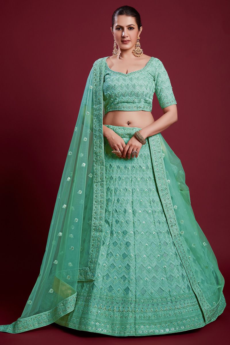 Radiant Sea Green Georgette Lehenga with Zarkan Work