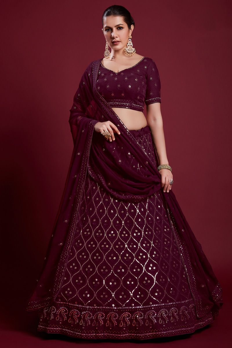 Ravishing Wine Color Georgette Lehenga with Embroidered for Wedding