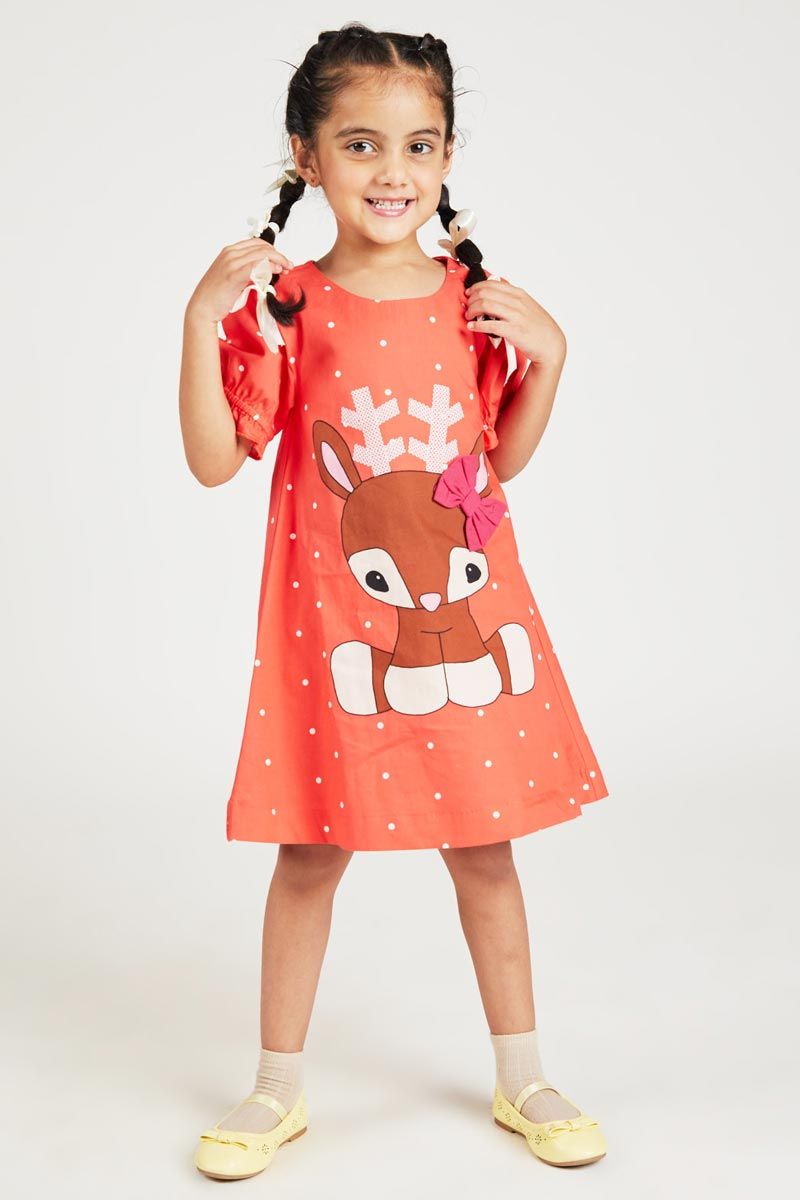 Orange A Line Reindeer Printed Dress In 100% Cotton