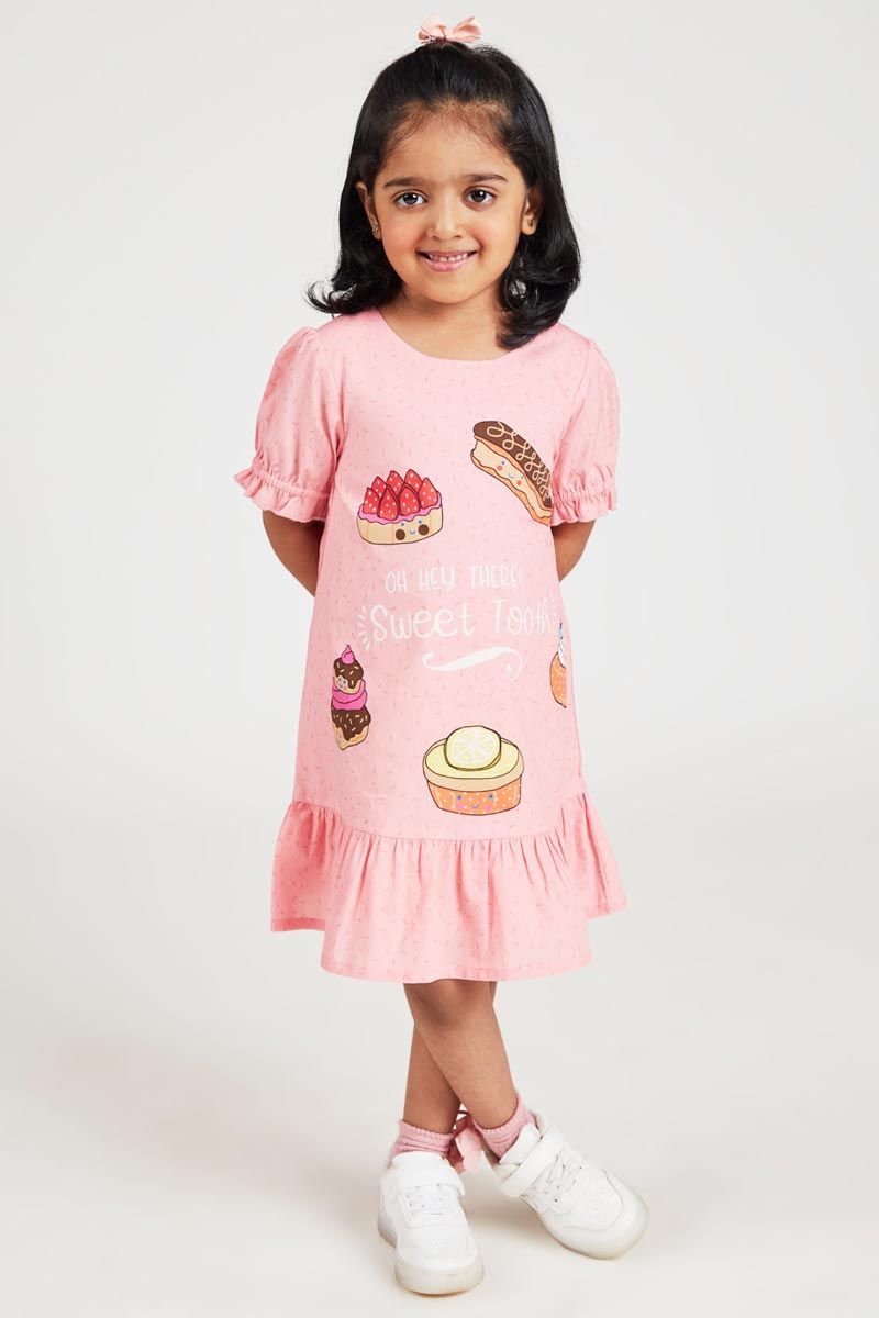 Peach A Line Dress With Whimsical Cupcakes Print