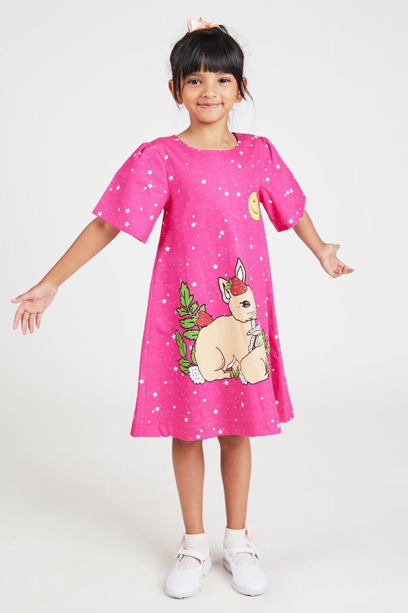 Magenta A Line Dress With Rabbit Print For A Playful Look