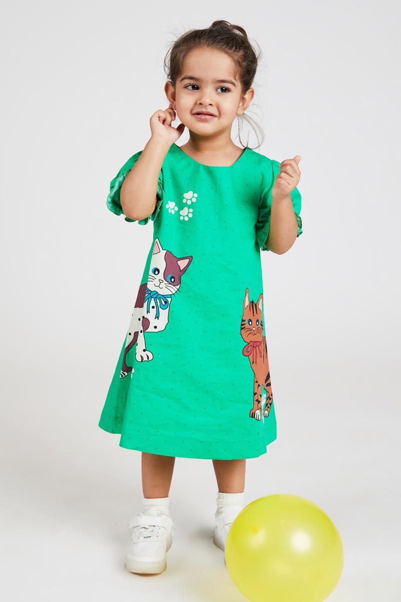 Green A Line Cat Printed Dress In 100% Cotton