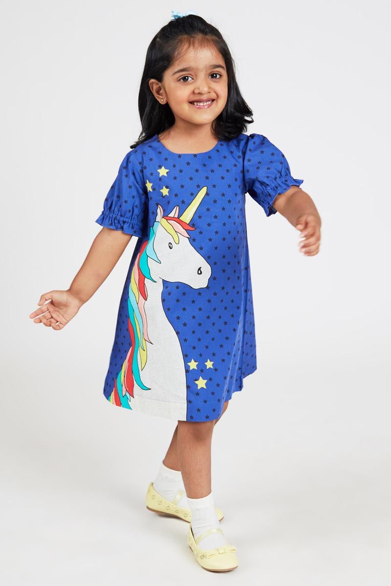 Blue A Line Unicorn Printed 100% Cotton Dress