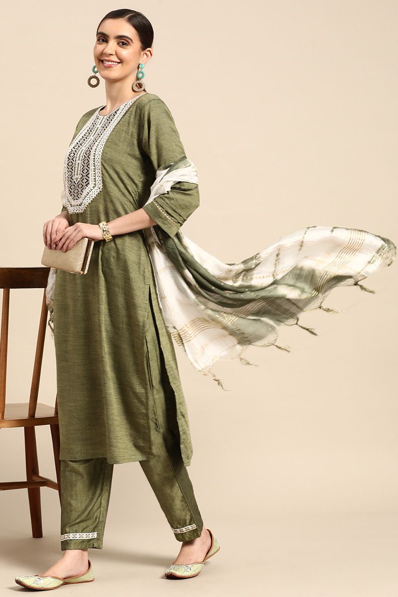 Tempting Green Color Casual Wear Readymade Cotton Salwar Suit