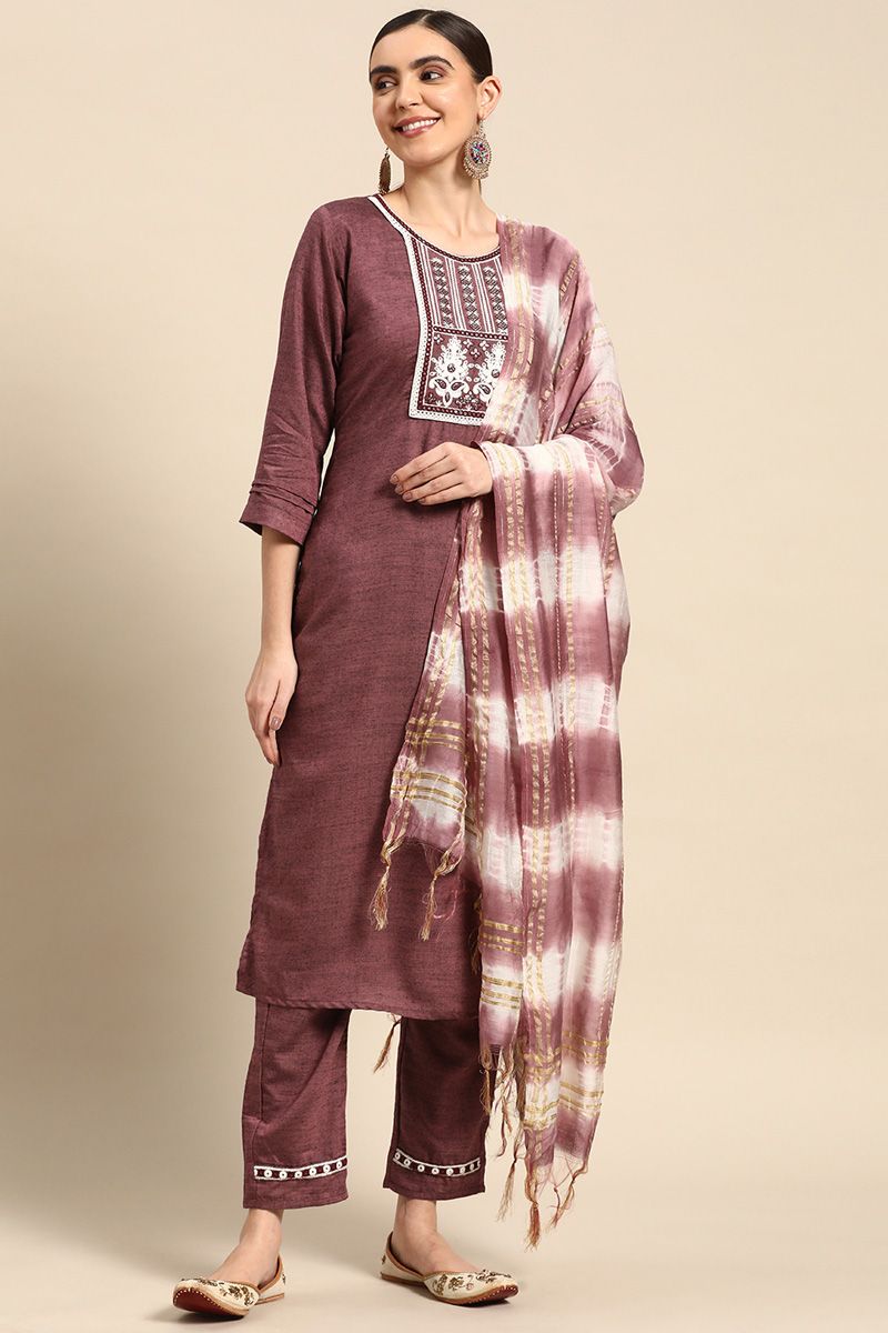 Appealing Purple Color Casual Wear Readymade Cotton Salwar Suit