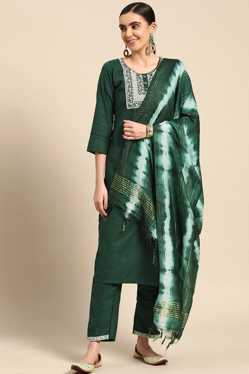 Bewitching Casual Wear Readymade Cotton Salwar Suit In Dark Green Color