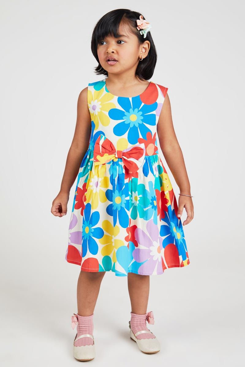 Multi Color Fit And Flare Floral Printed Dress In 100% Cotton