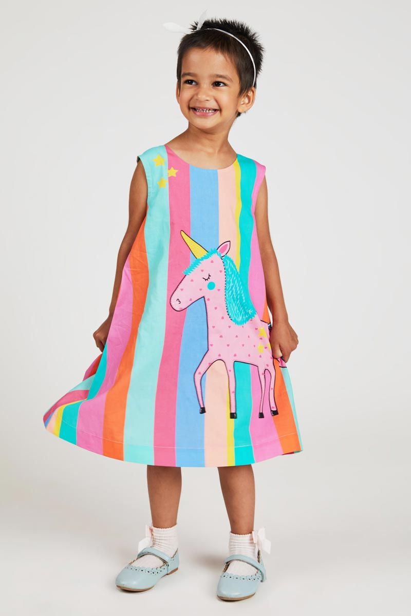 Multi Color A Line Sleeveless Dress With Unicorn Print In 100% Cotton