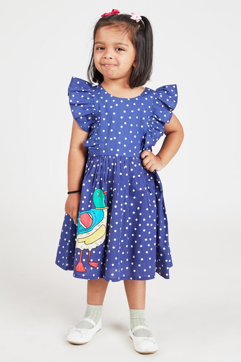 Blue Fit And Flare Duck Printed 100% Cotton Dress