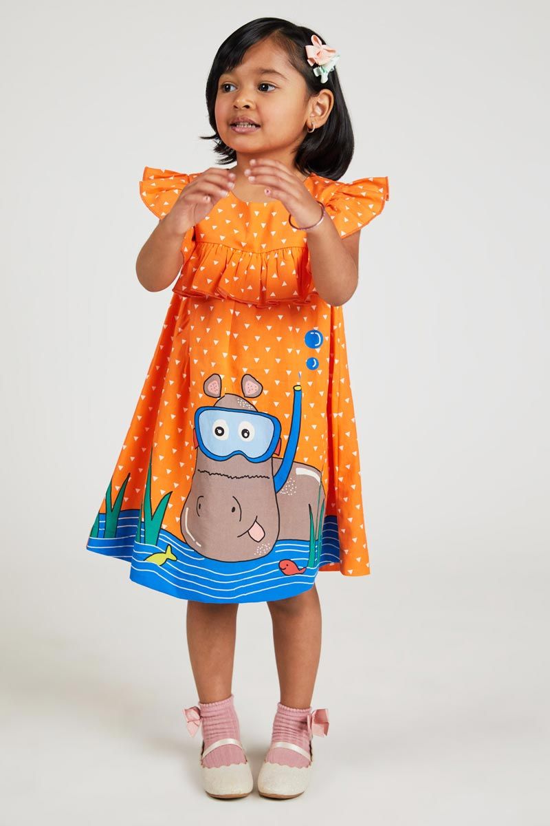 Orange Hippo Printed Cotton A Line Dress