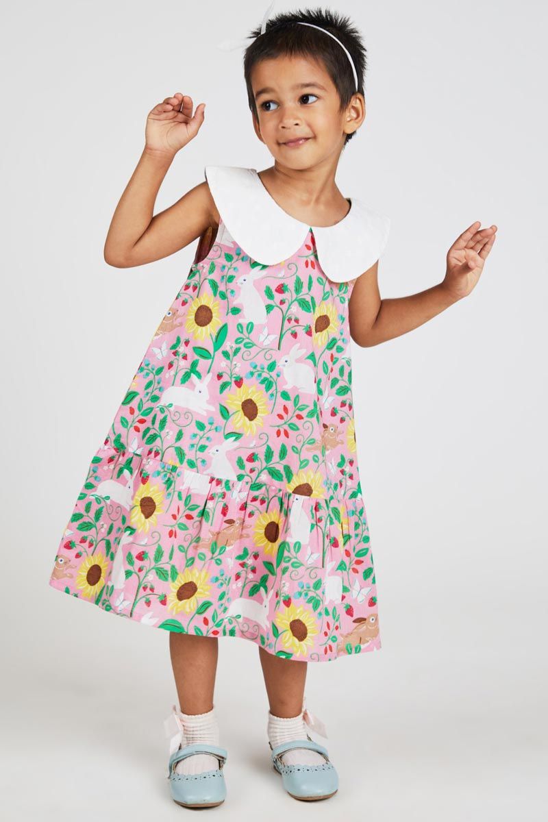 Pink A Line Sleeveless Rabbit And Sunflower Printed 100% Cotton Dress