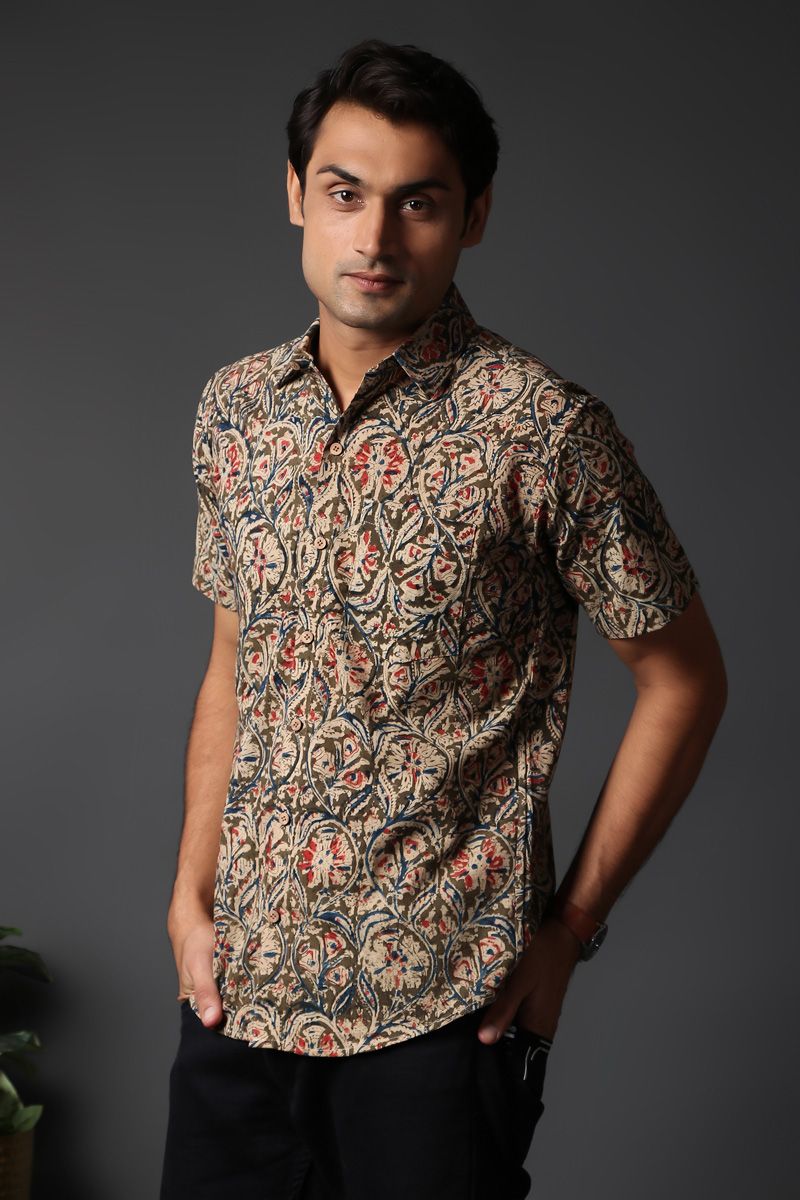 Green Cotton Kalamkari Half Sleeve Shirt