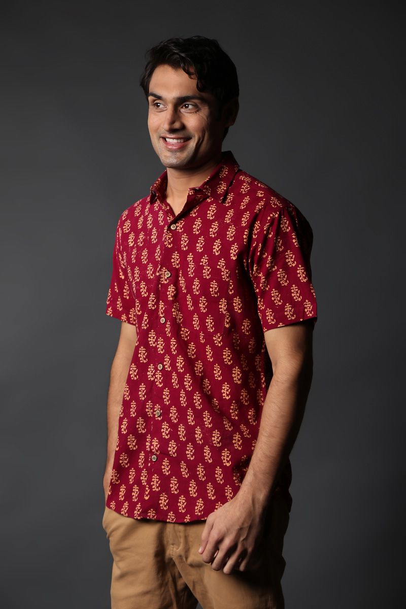 Maroon Hand Block Print Cotton Casual Half Sleeve Shirt