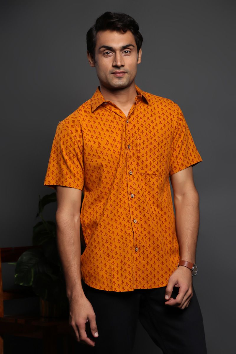 Orange Hand Block Print Cotton Casual Half Sleeve Shirt