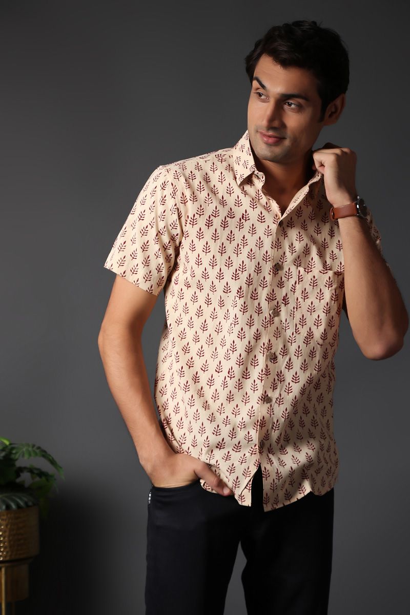 Beige Hand Block Print Cotton Casual Half Sleeve Shirt