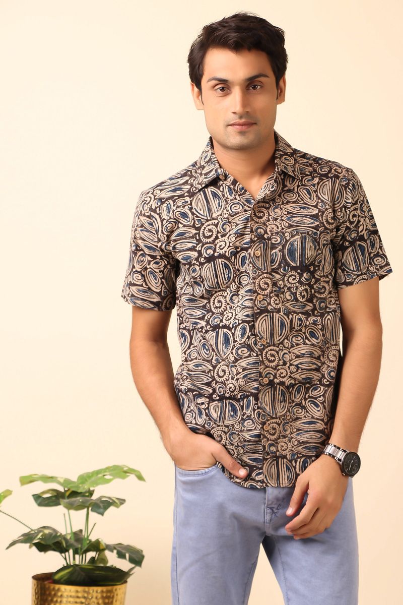 Dark Brown Cotton Kalamkari Print Casual Half Sleeve Shirt