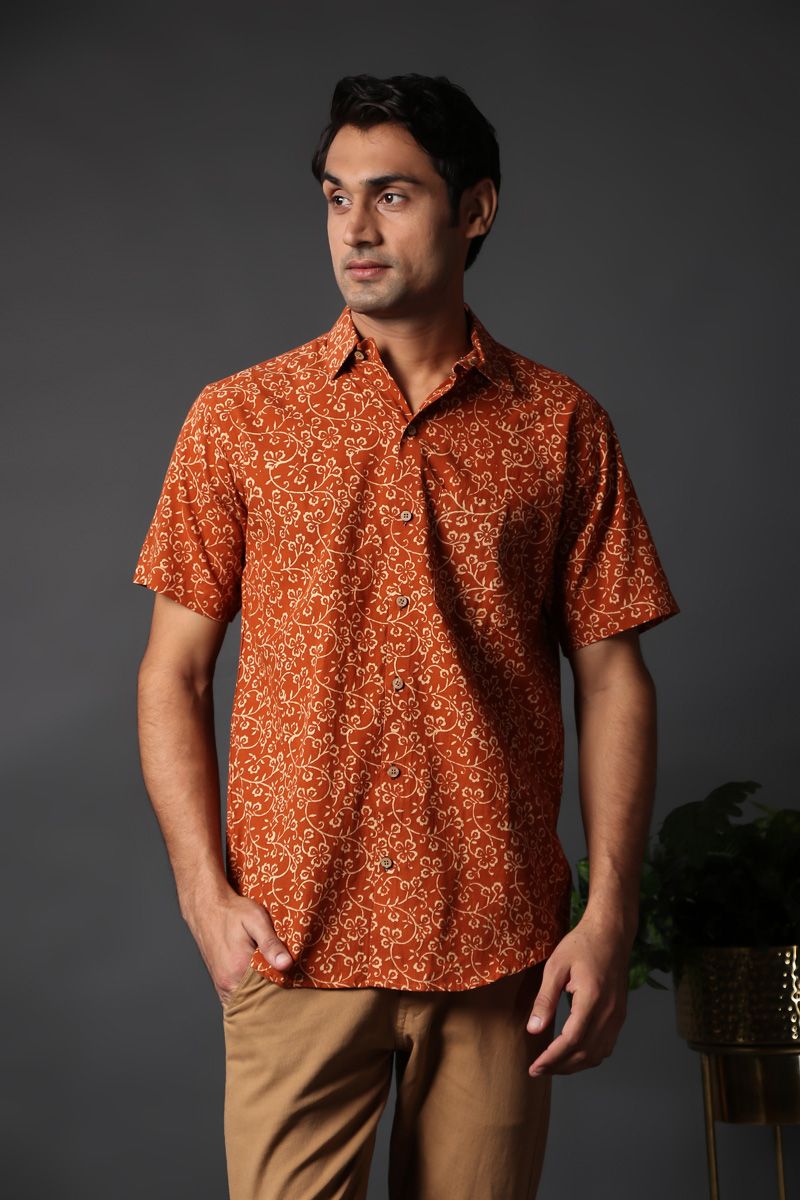 Rust Hand Block Print Cotton Casual Half Sleeve Shirt