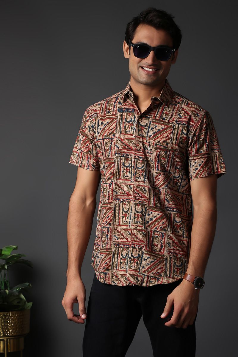 Multi Color Cotton Kalamkari Print Casual Half Sleeve Shirt