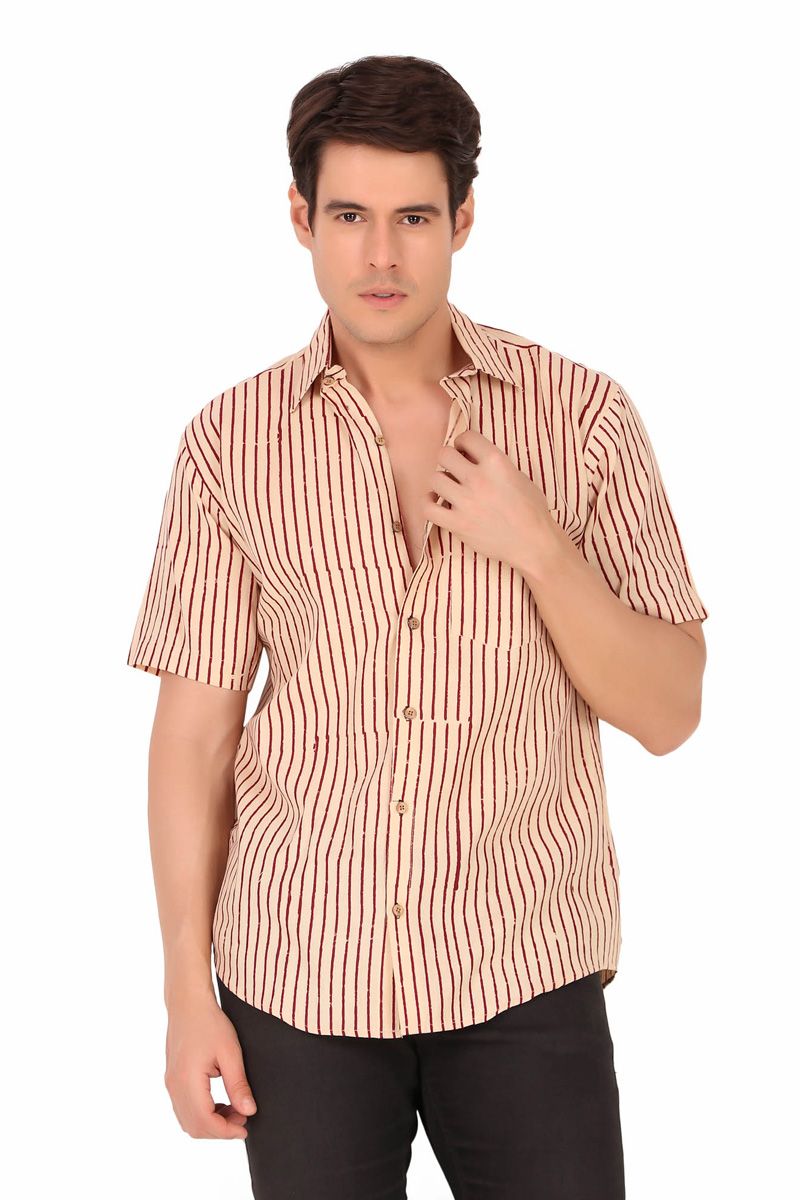 Cream Hand Block Print Casual Half Sleeve Shirt