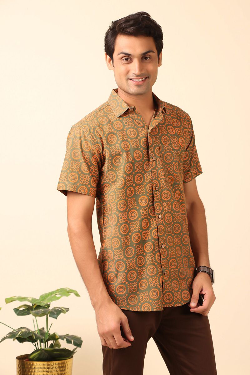 Olive Color Hand Block Print Casual 100 % Cotton Dobby Half Sleeve Shirt