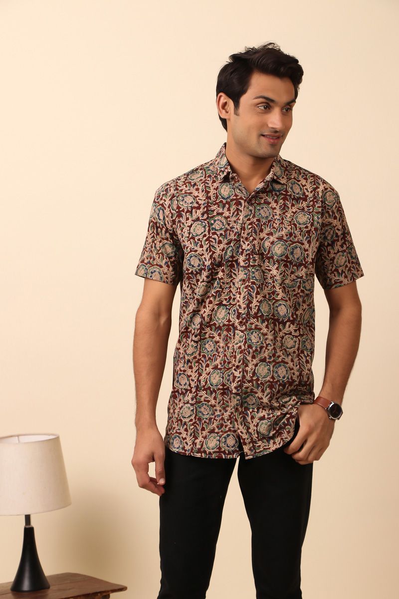 Cotton Kalamkari Exo Printed Multi Color Casual Half Sleeve Shirt