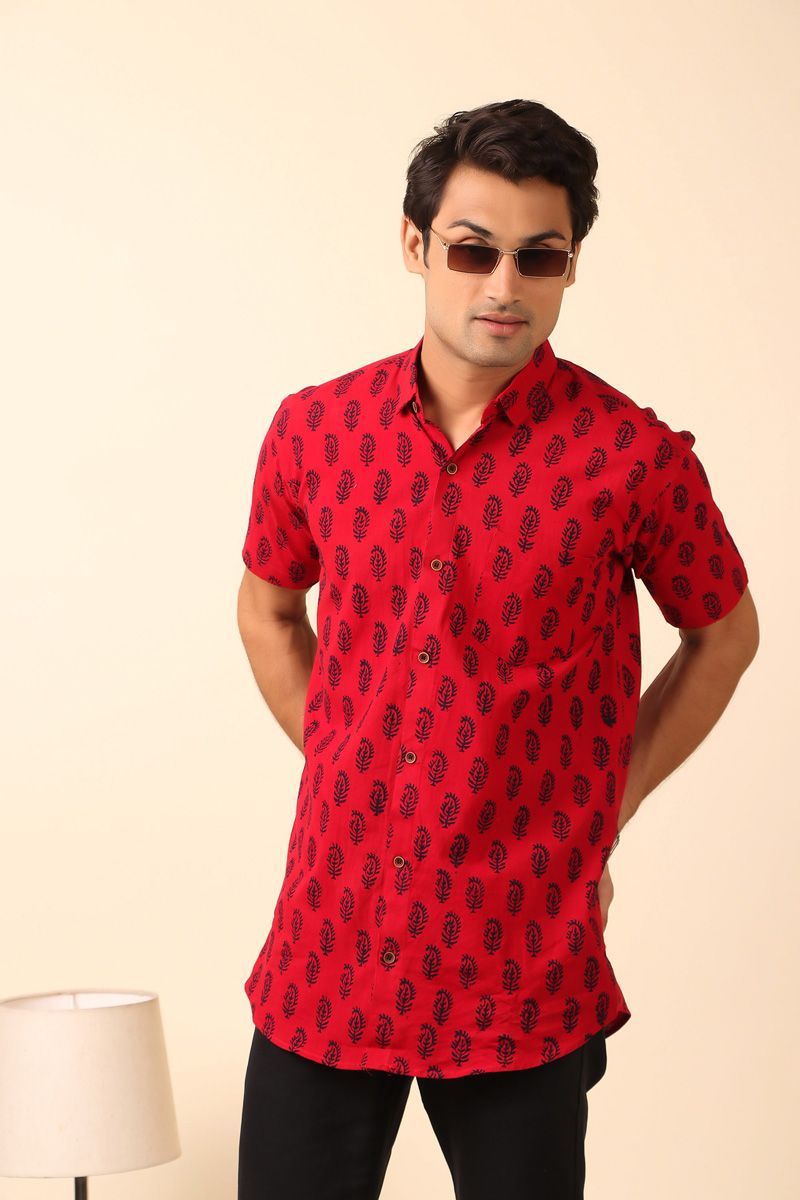 Red Hand Block Print Cotton Casual Half Sleeve Shirt