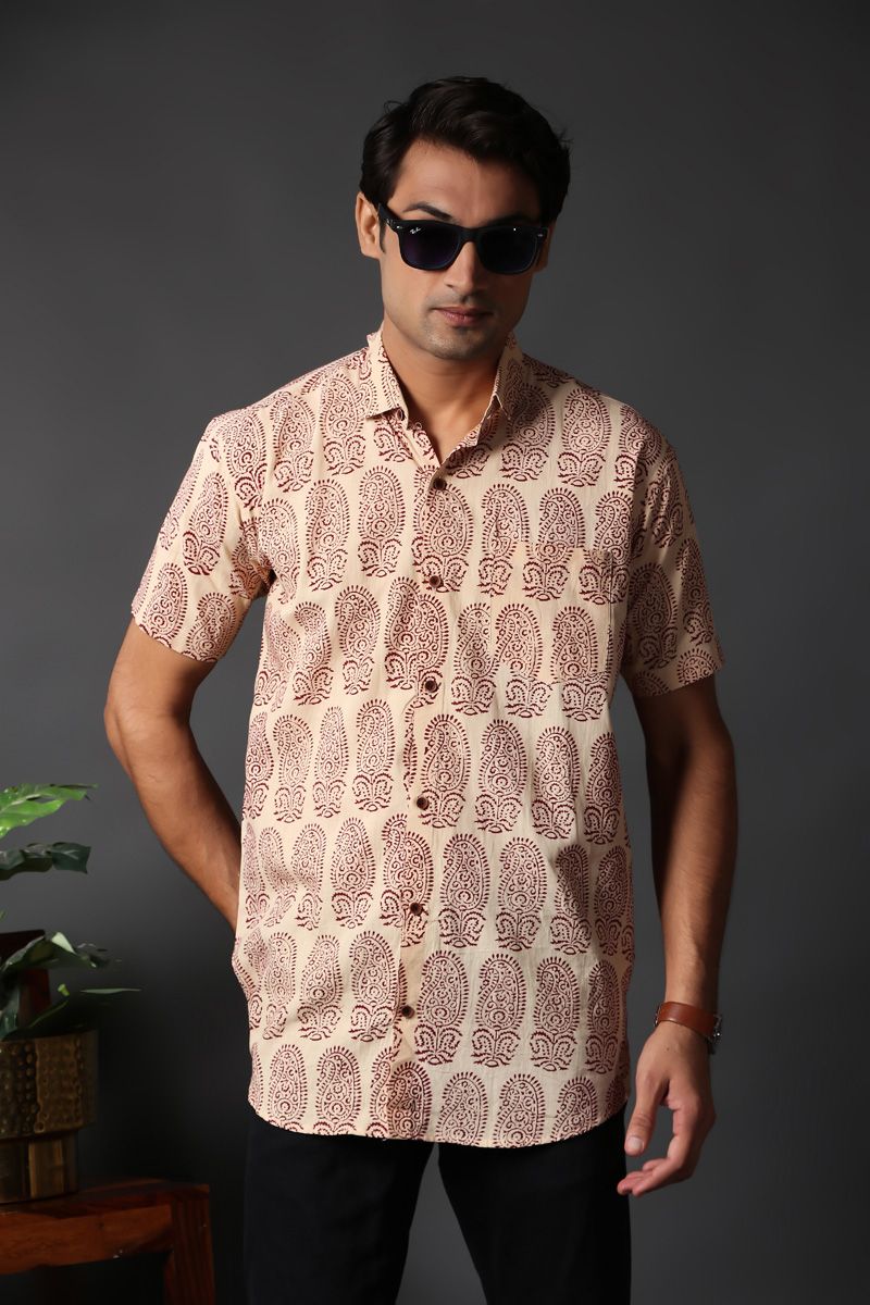 Hand Block Print Cotton Cream Casual Half Sleeve Trendy Shirt