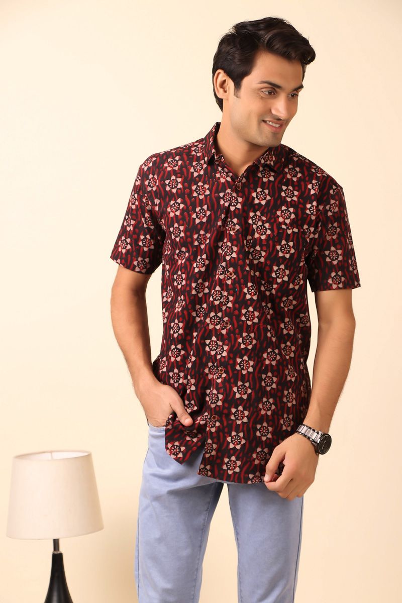 Black Cotton Kalamkari Print Casual Half Sleeve Shirt