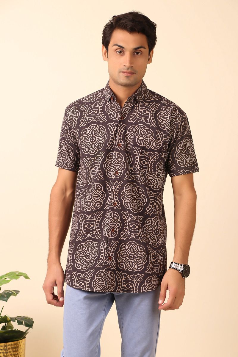 Dark Brown Cotton Kalamkari Print Casual Slim Fit Solid Half Sleeve Shirt