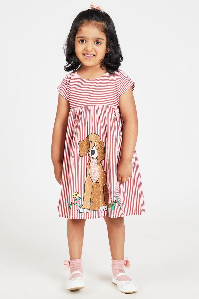 Red And White Stripe Dog Printed 100% Cotton Dress