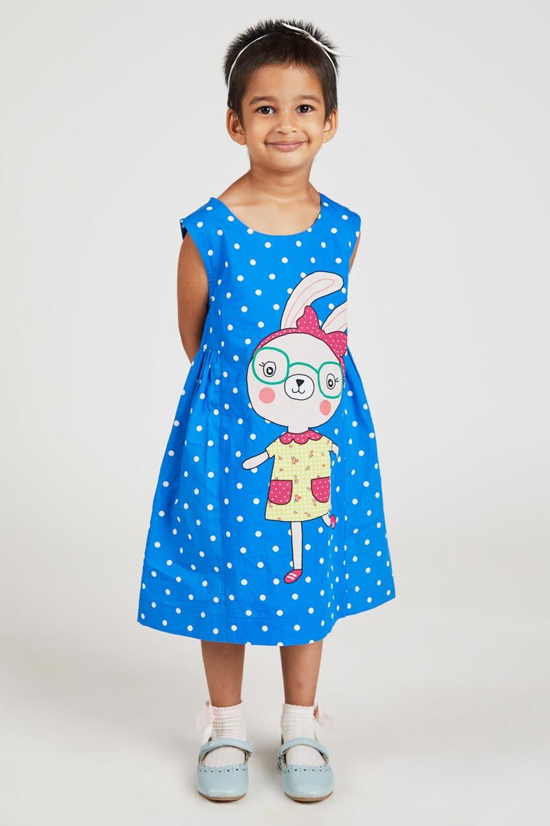 Blue A Line Sleeveless Bunny Printed 100% Cotton Dress